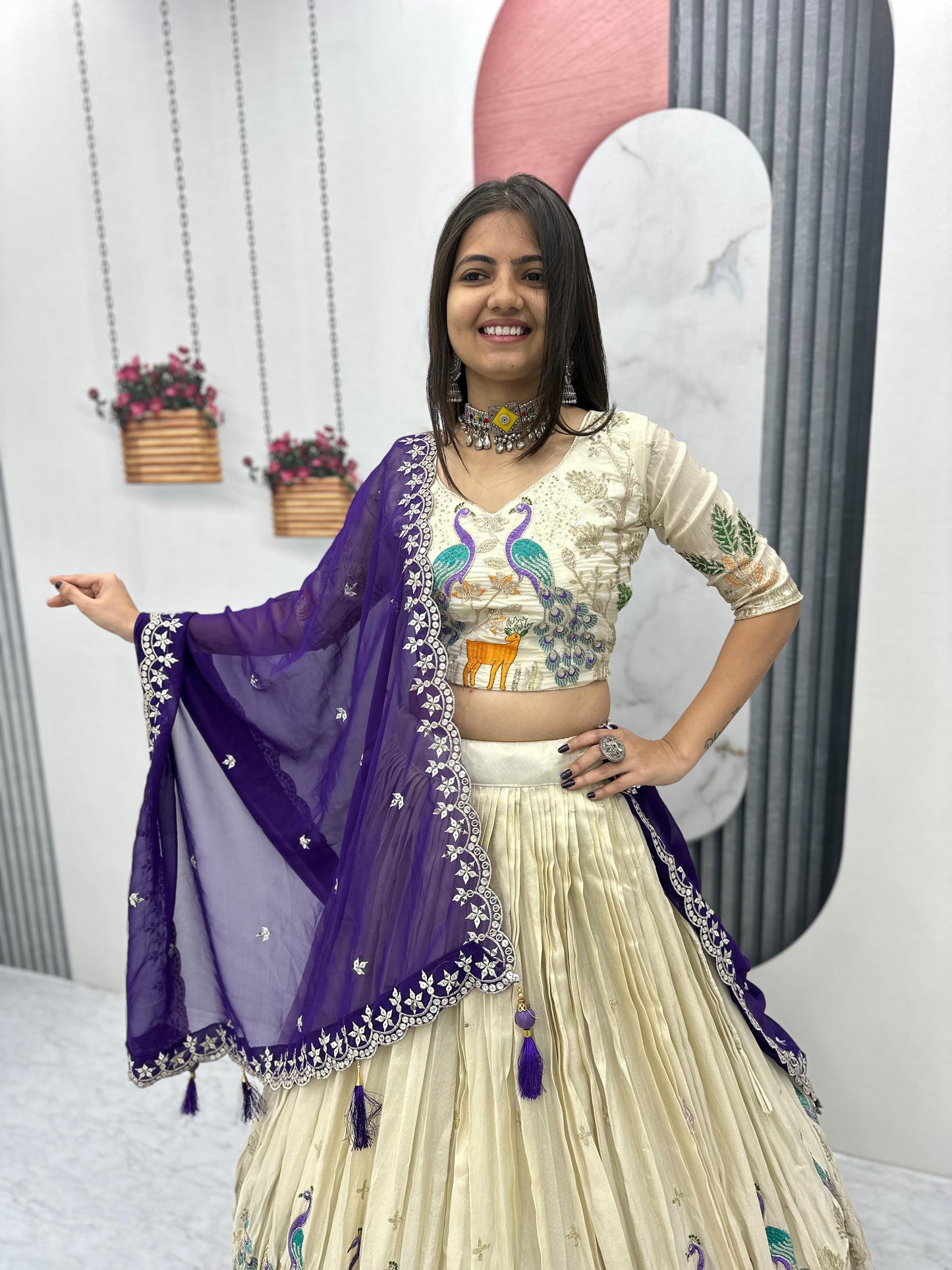 Pattern Wedding & Party Wear White Color With Purple Dupatta Lehenga Choli
