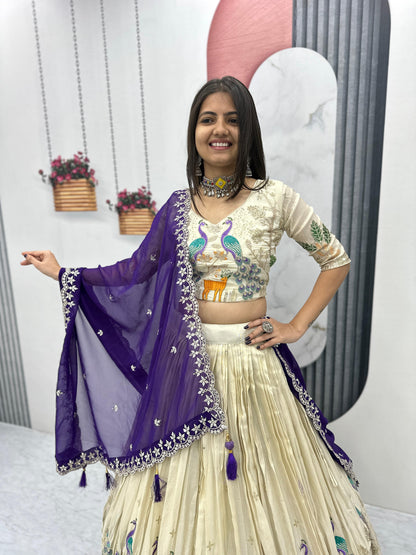 Pattern Wedding & Party Wear White Color With Purple Dupatta Lehenga Choli