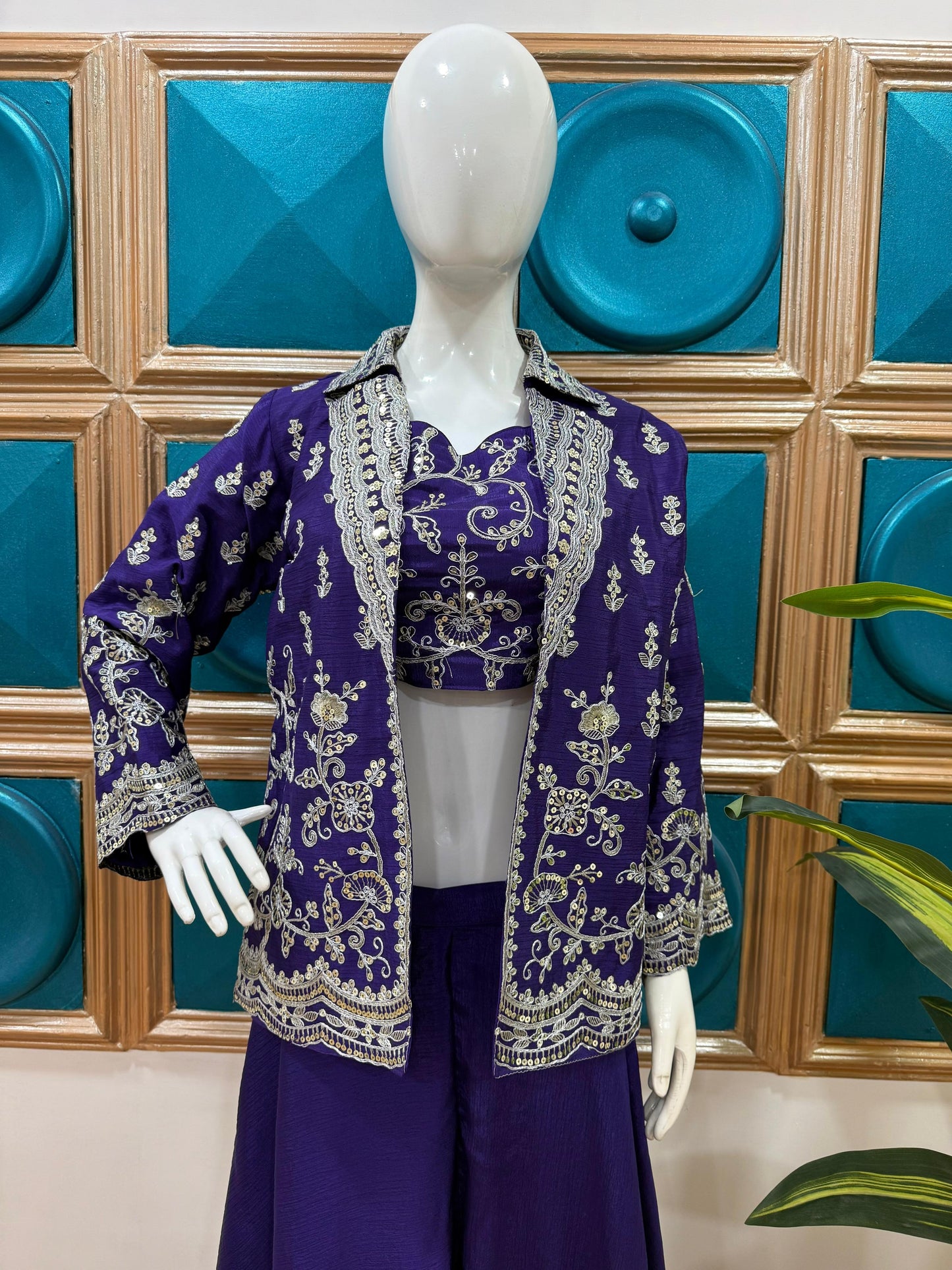 Outstanding Heavy Work Purple Color Palazzo Suit With Koti