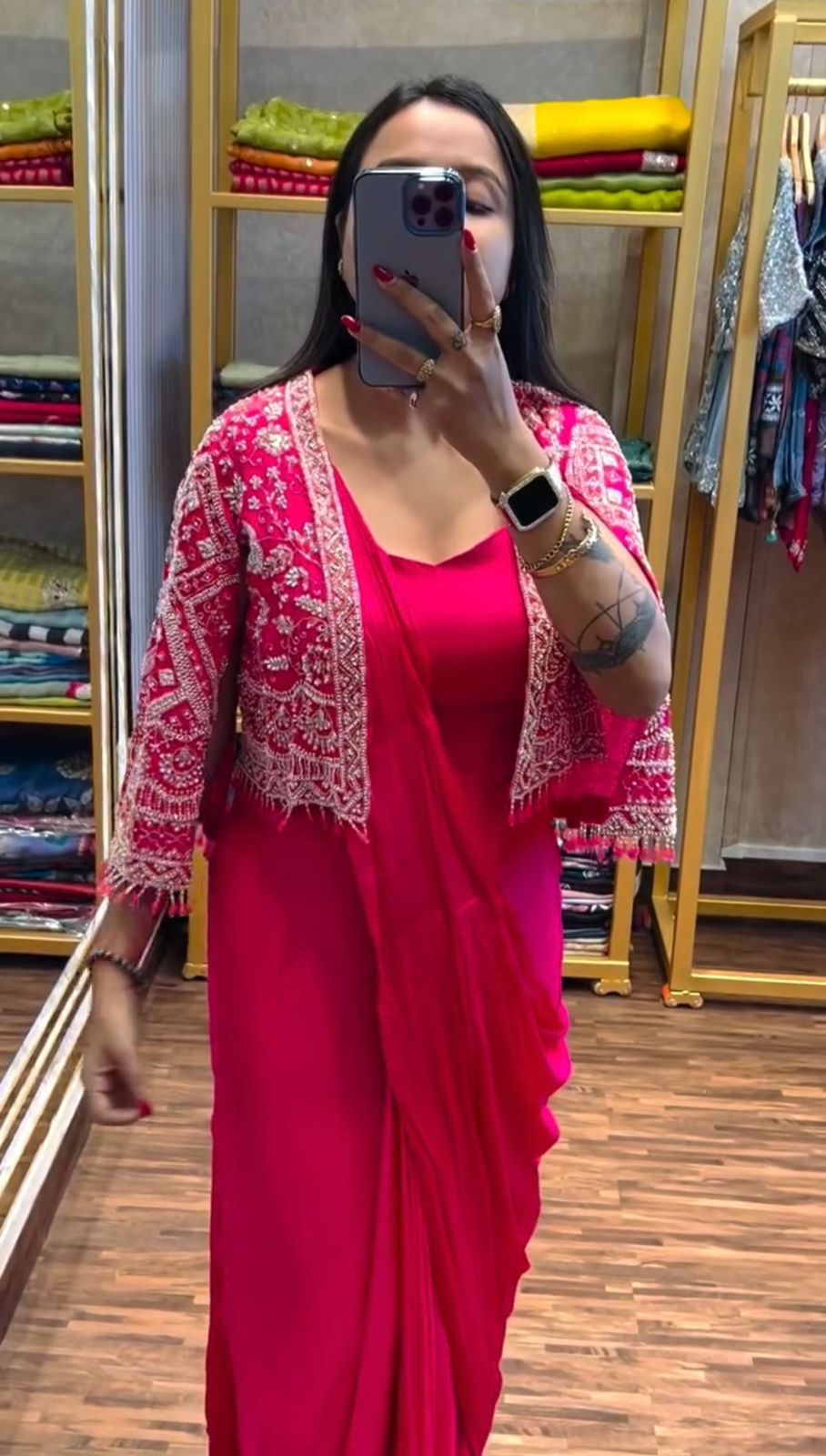 Mesmerizing Pink Color Chinon Silk Ready to Wear Saree