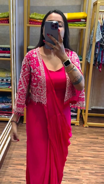 Mesmerizing Pink Color Chinon Silk Ready to Wear Saree