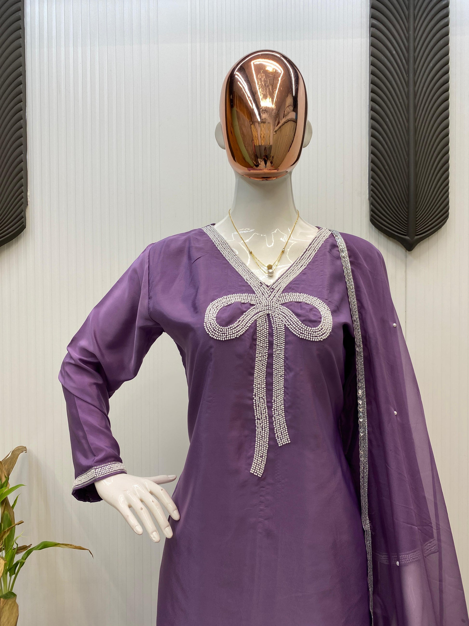 Marvelous Beads Work Lavender Color Salwar Suit