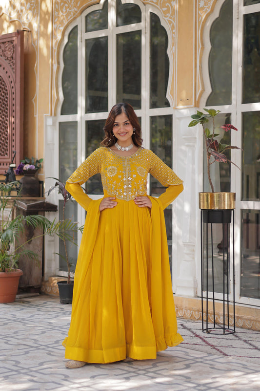 Stunning Georgette Embroidered Work Yellow Color Gown
