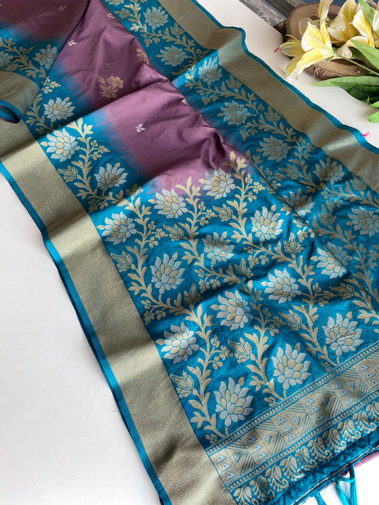 Fantastic Tone Silk Onion & Teal Blue Color Saree