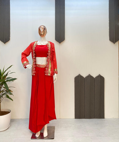 Ravishing Embroidery With Moti Work Red Color Dhoti Suit With Koti