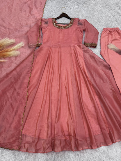 Delightful Embroidery Peach Color Anarkali Gown with Dupatta