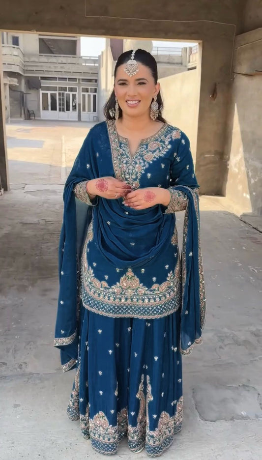 Wonderful Chinon Silk Navy Blue Color Palazzo Suit