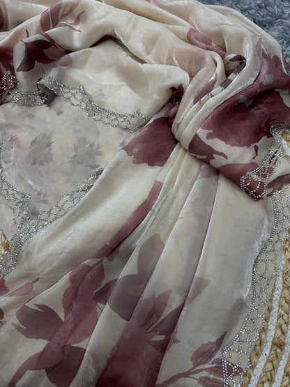 Classy Floral Print Off White Color Saree