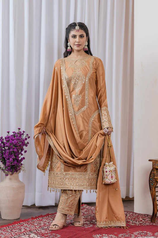 Imposing Chinon Silk Beige Color Top With Plazzo