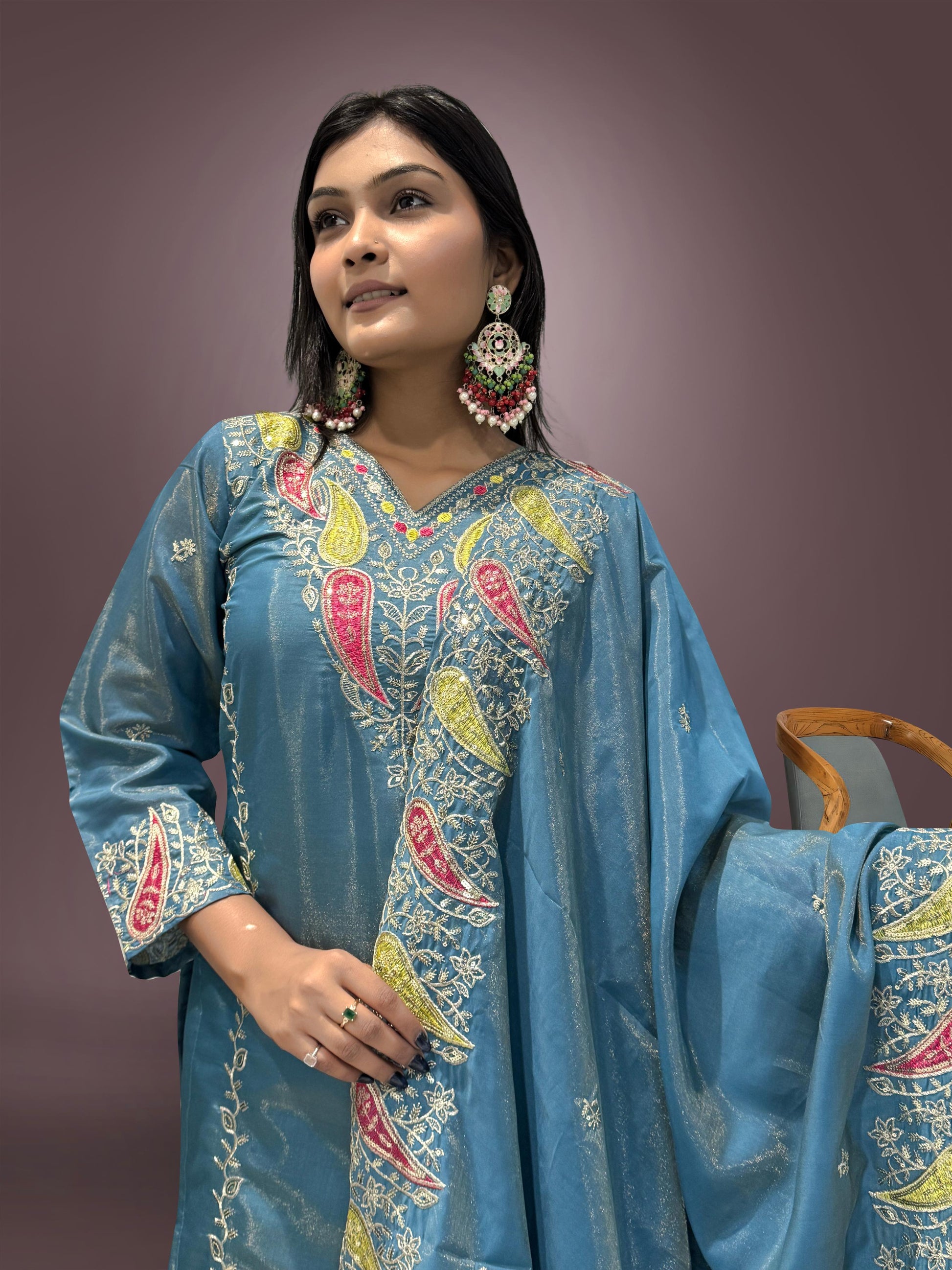 Imposing Roman Embroidery Work Blue Color Palazzo Suit