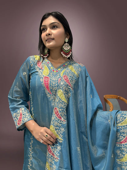 Imposing Roman Embroidery Work Blue Color Palazzo Suit