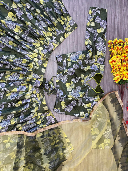 Stunning Chinon Silk Green Color Flower Print Lehenga Choli