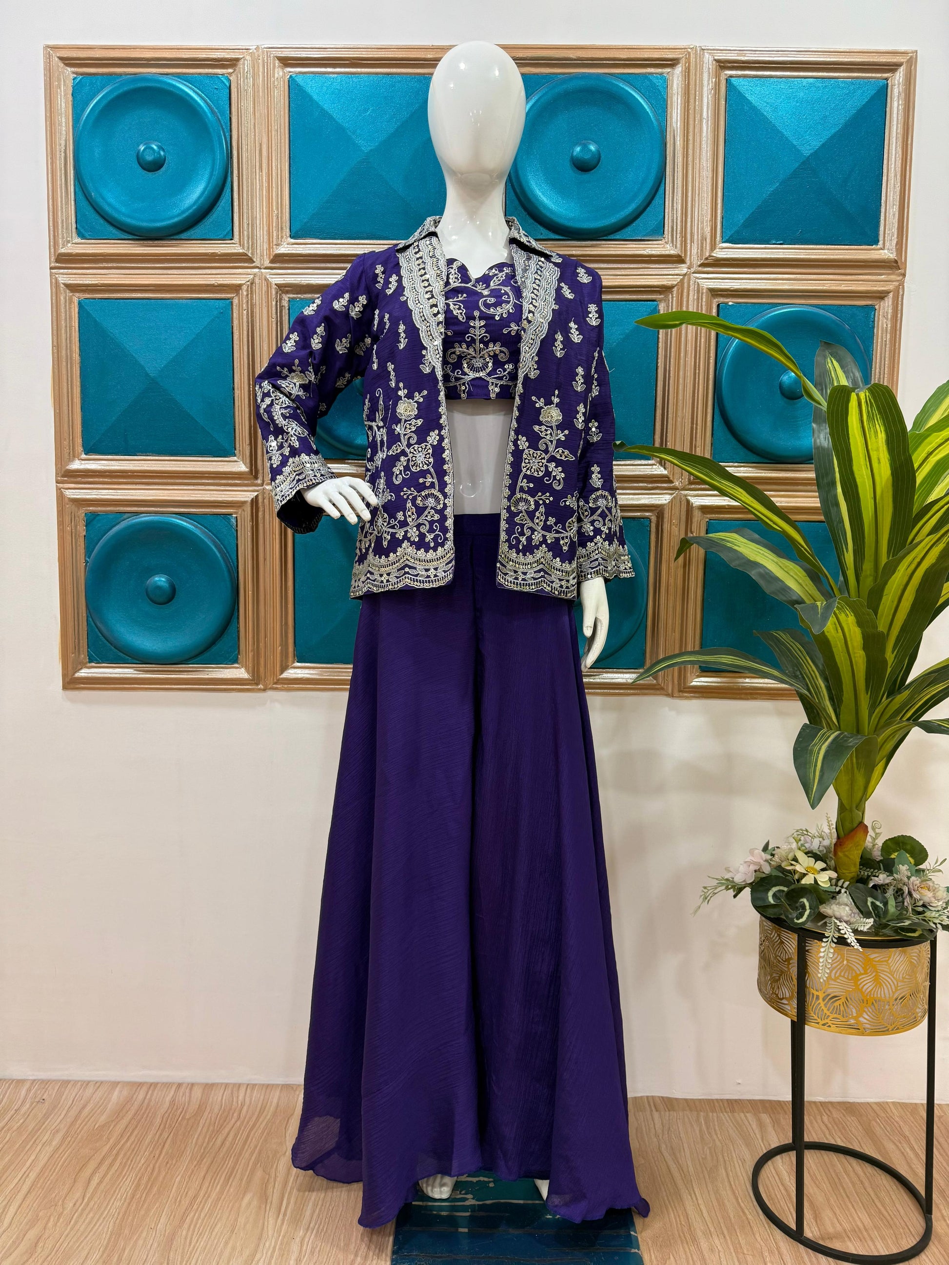 Outstanding Heavy Work Purple Color Palazzo Suit With Koti
