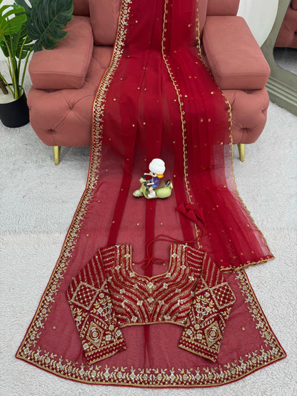 Awesome Heavy Work Red Color Saree