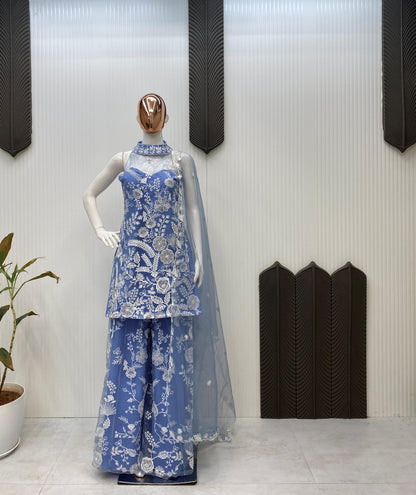 Shining Embroidery Work Blue Color Palazzo Suit