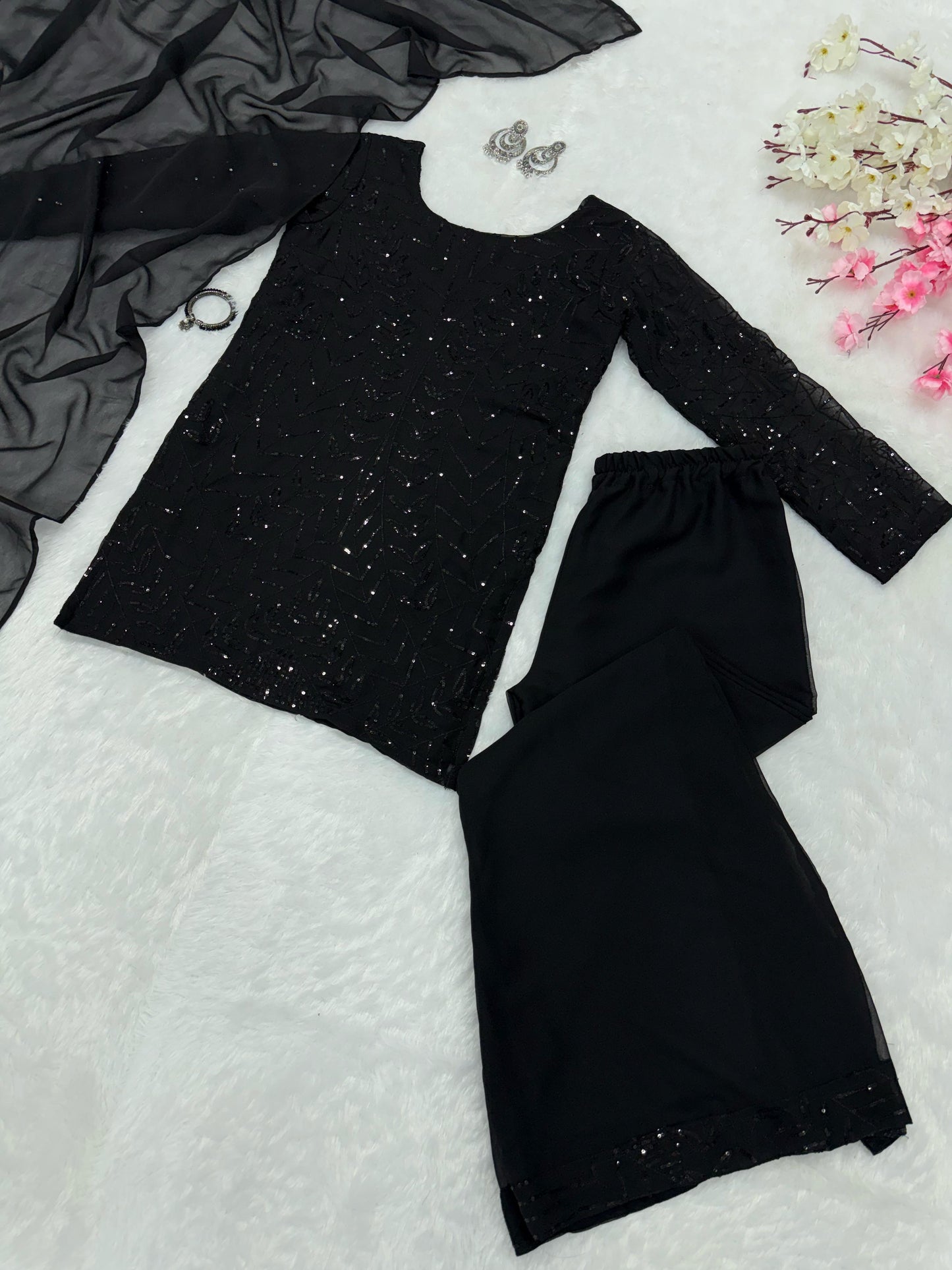 Preferable Sequences Work Black Color Palazzo Suit