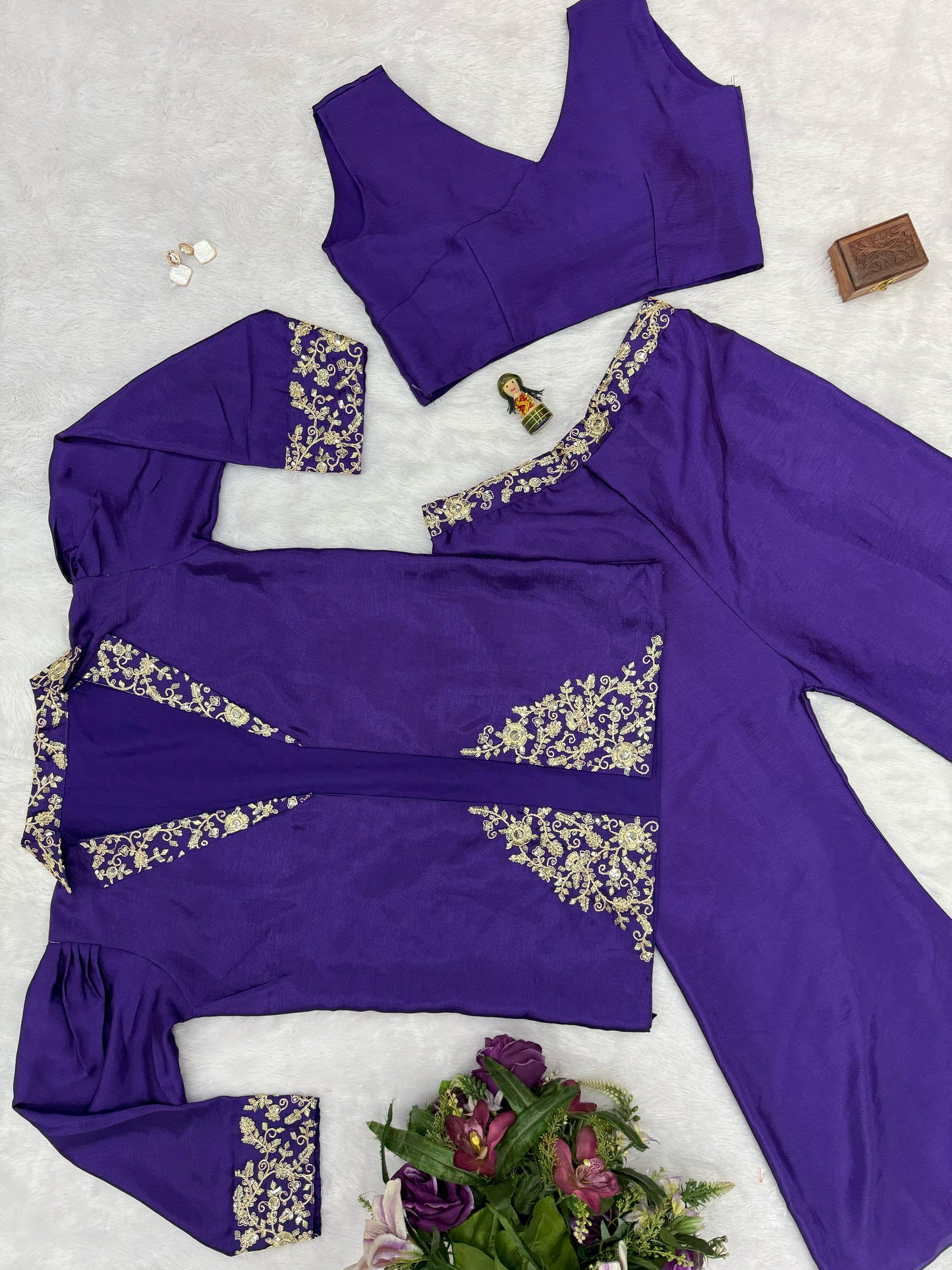 Classy Chinon Purple Color Embroidery Work Palazzo Suit With Koti