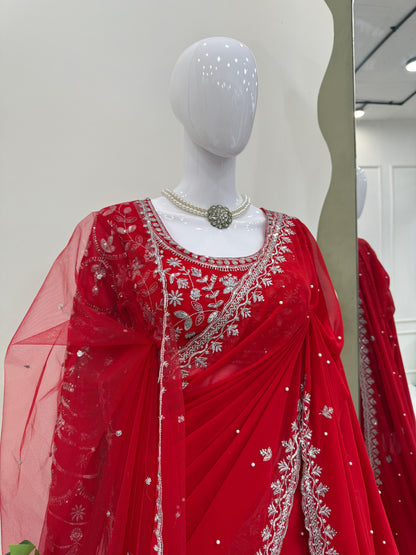 Pearl Work Red Color Attractive Net Saree