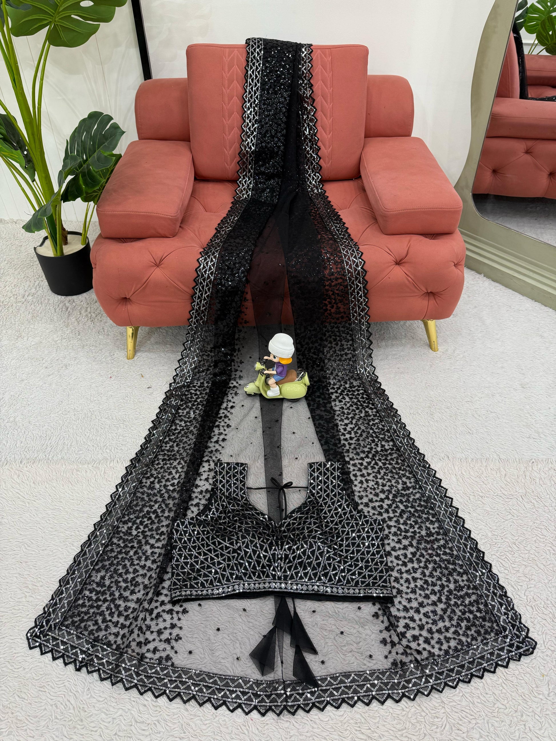 Glimmering Soft Net Sequence Work Black Color Saree