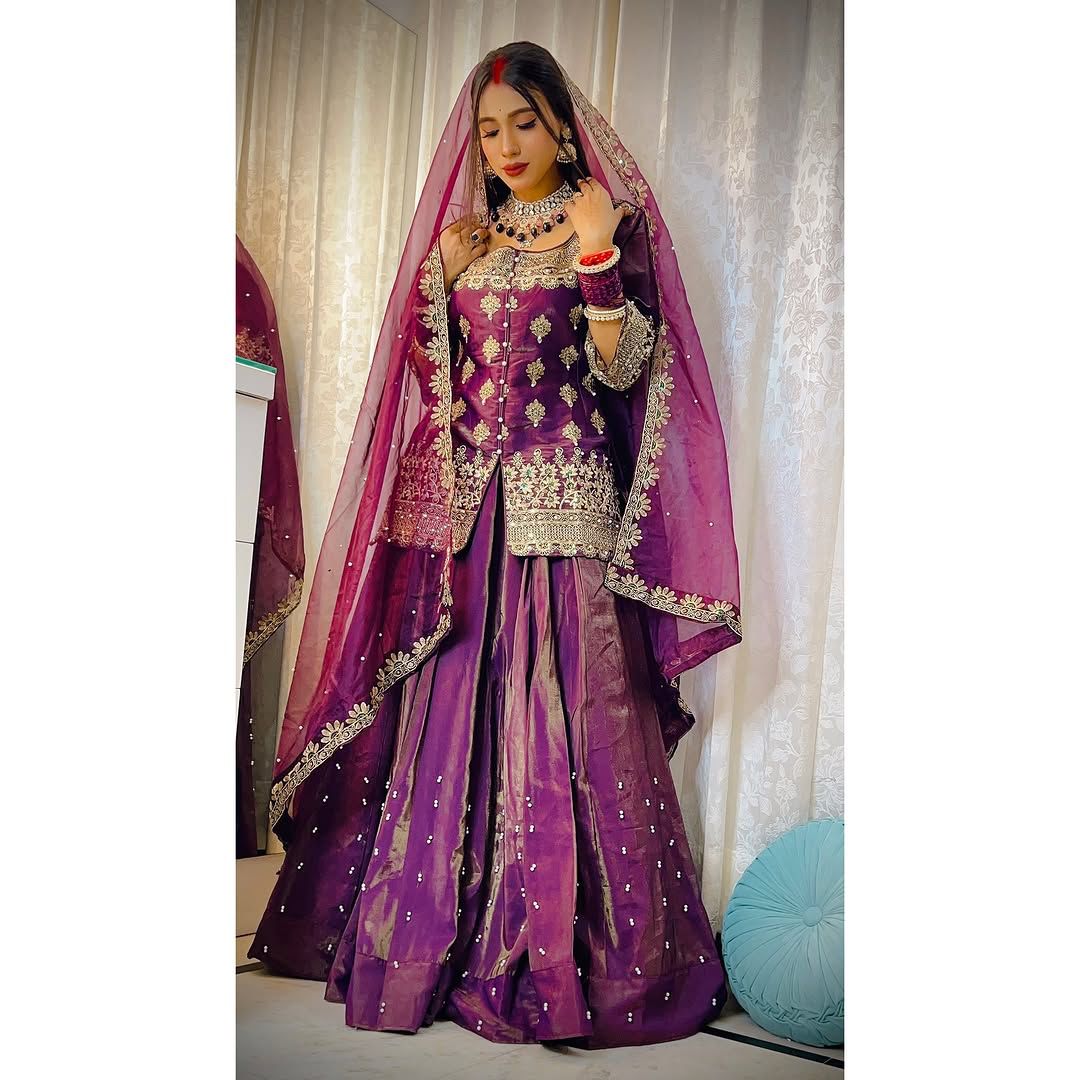 Simmer Silk Wedding Wear Wine Color Top With Lehenga