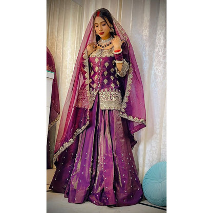 Simmer Silk Wedding Wear Wine Color Top With Lehenga