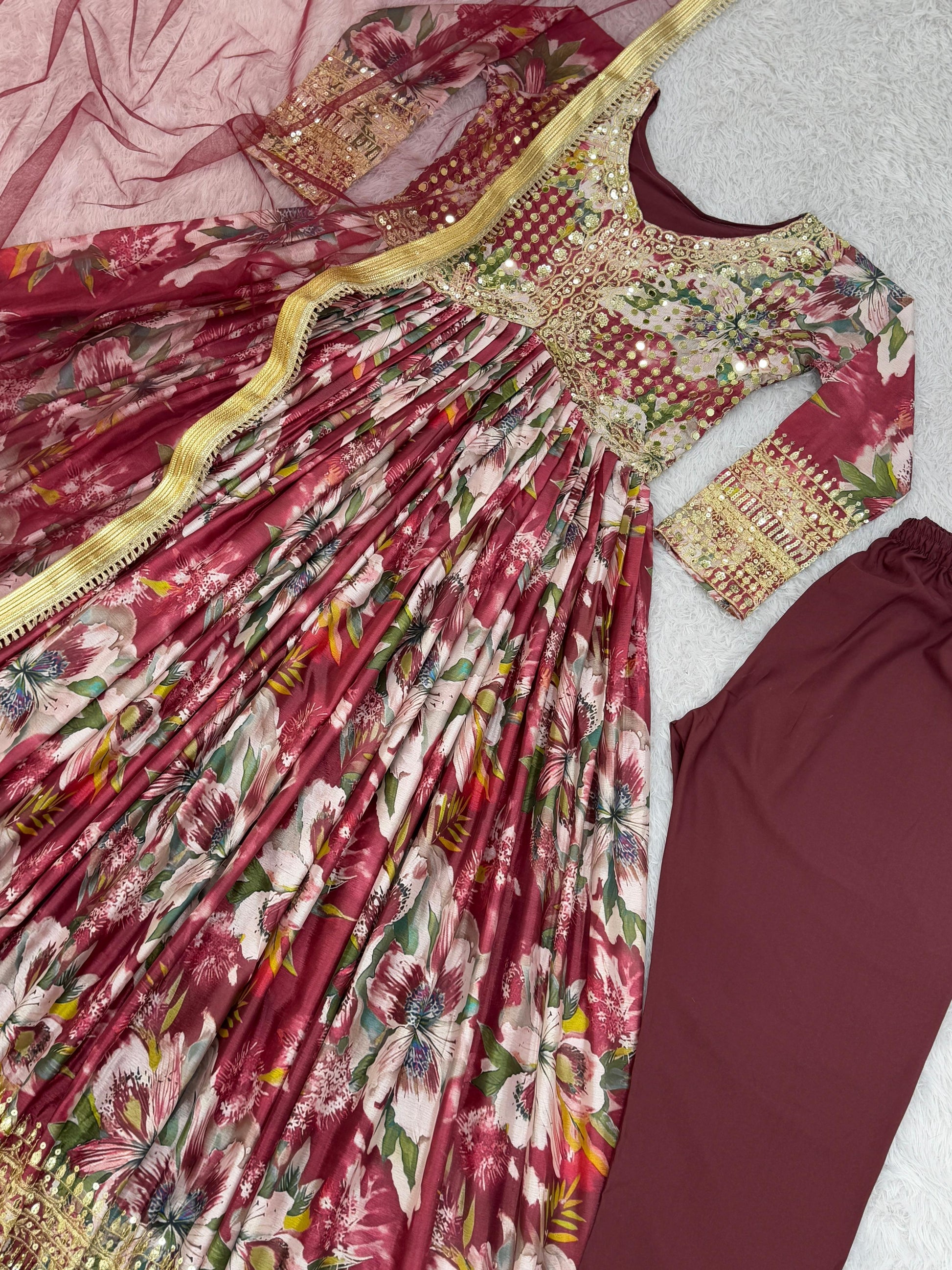 Look Designer Maroon Multi Color Embroidery Work Anarkali Gown With Dupatta