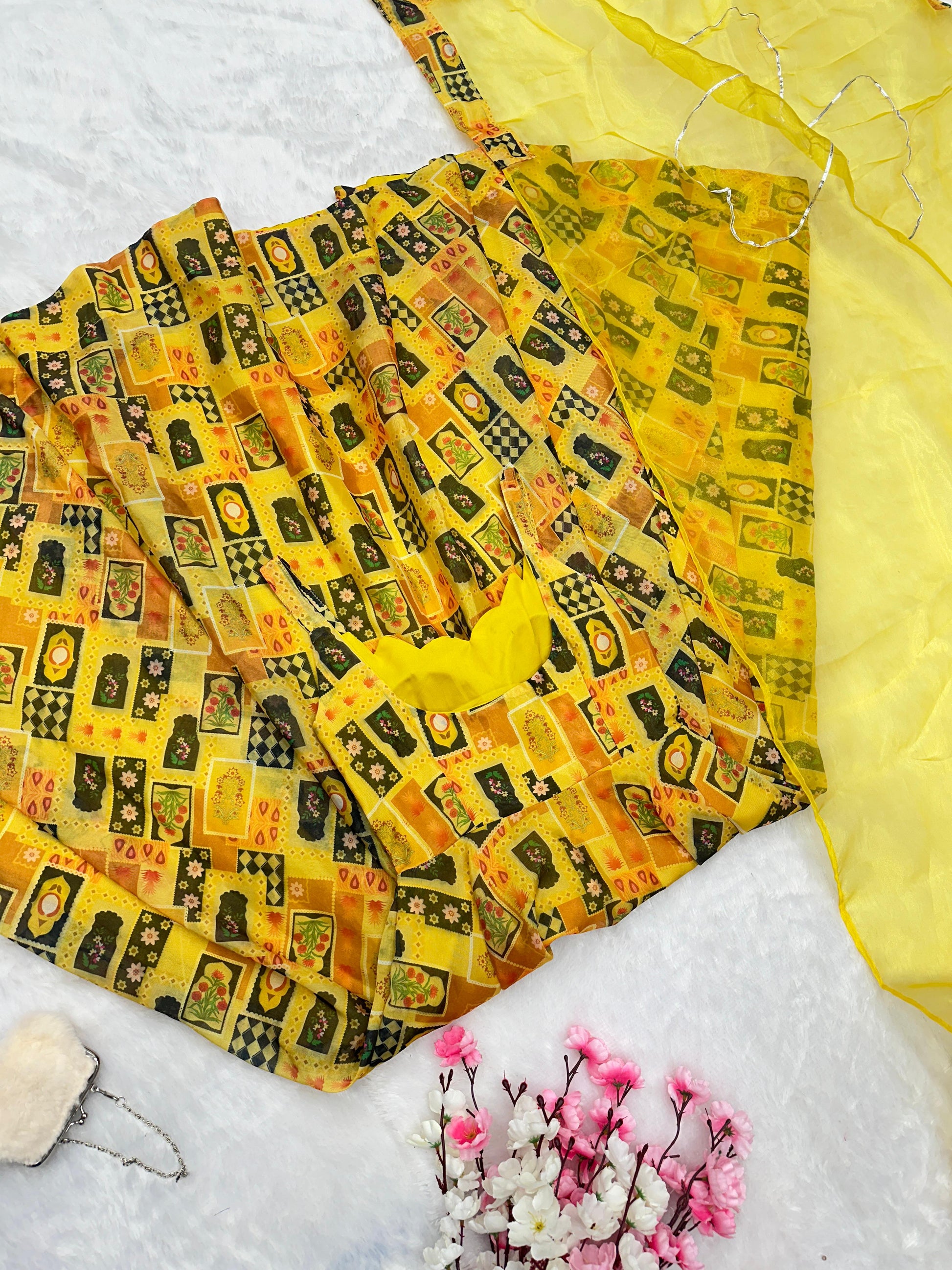 Beautiful Organza Silk Digital Print Yellow Color Anarkali Gown