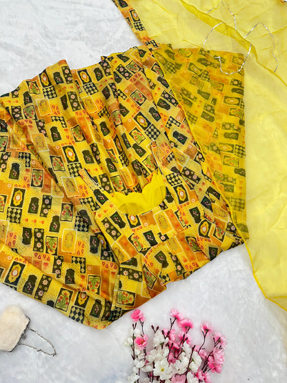 Beautiful Organza Silk Digital Print Yellow Color Anarkali Gown