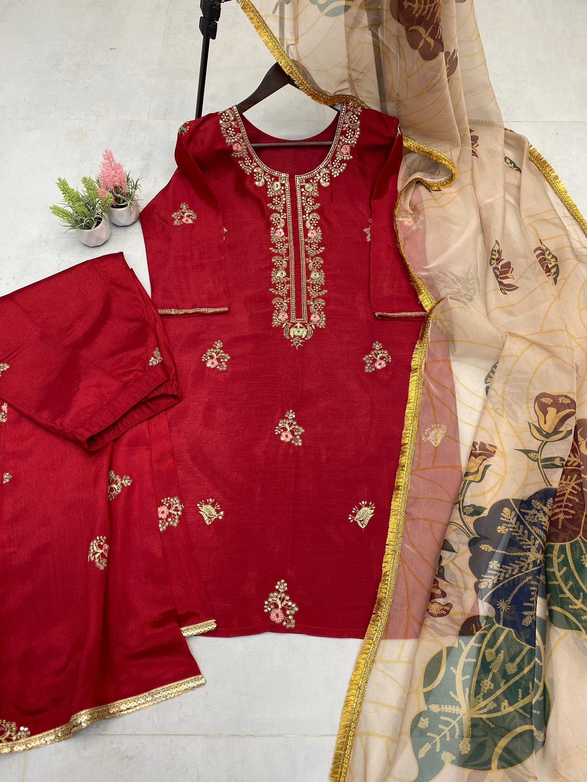 Mesmerizing Sequence Embroidery Work Red Color Palazzo Suit