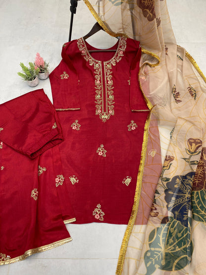 Mesmerizing Sequence Embroidery Work Red Color Palazzo Suit