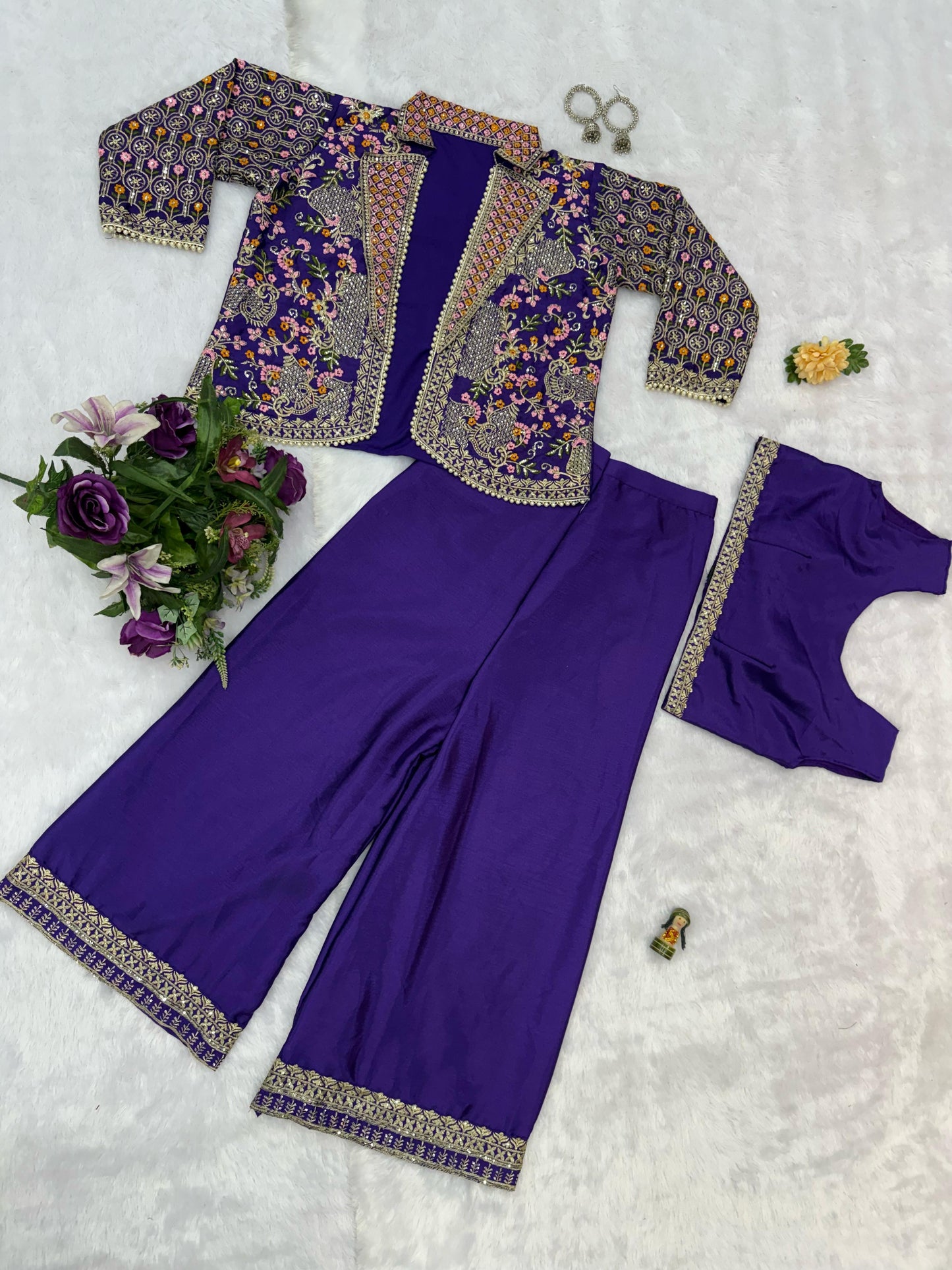 Flattering Chinon Purple Color Palazzo Top With Koti