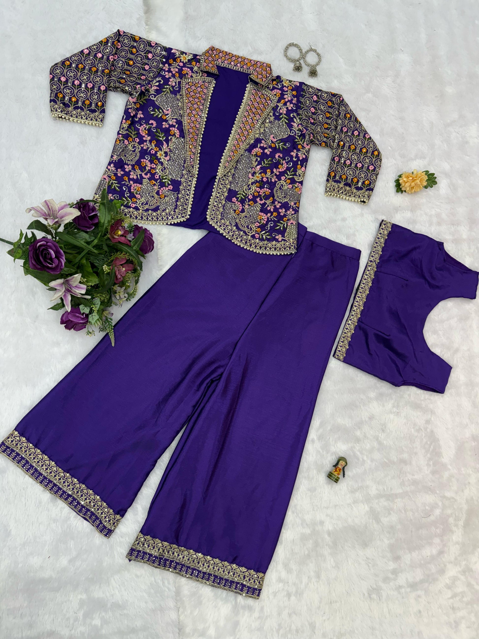 Flattering Chinon Purple Color Palazzo Top With Koti