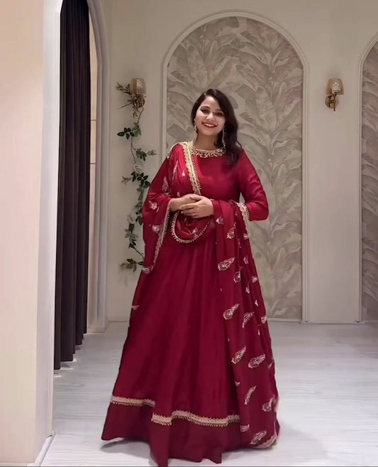 Fabulous Chinnon 5mm Sequence Work Red Color Gown