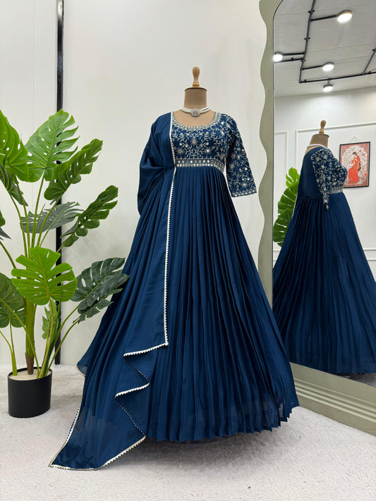 Awesome Real Mirror Work Navy Blue Color Gown