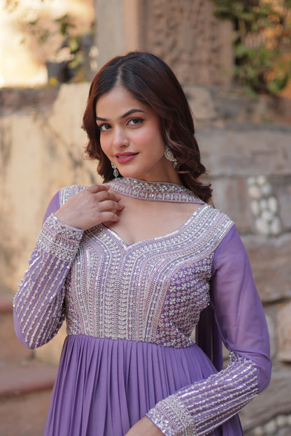 Attractive Beads Sequins Work Lavender Color Gown