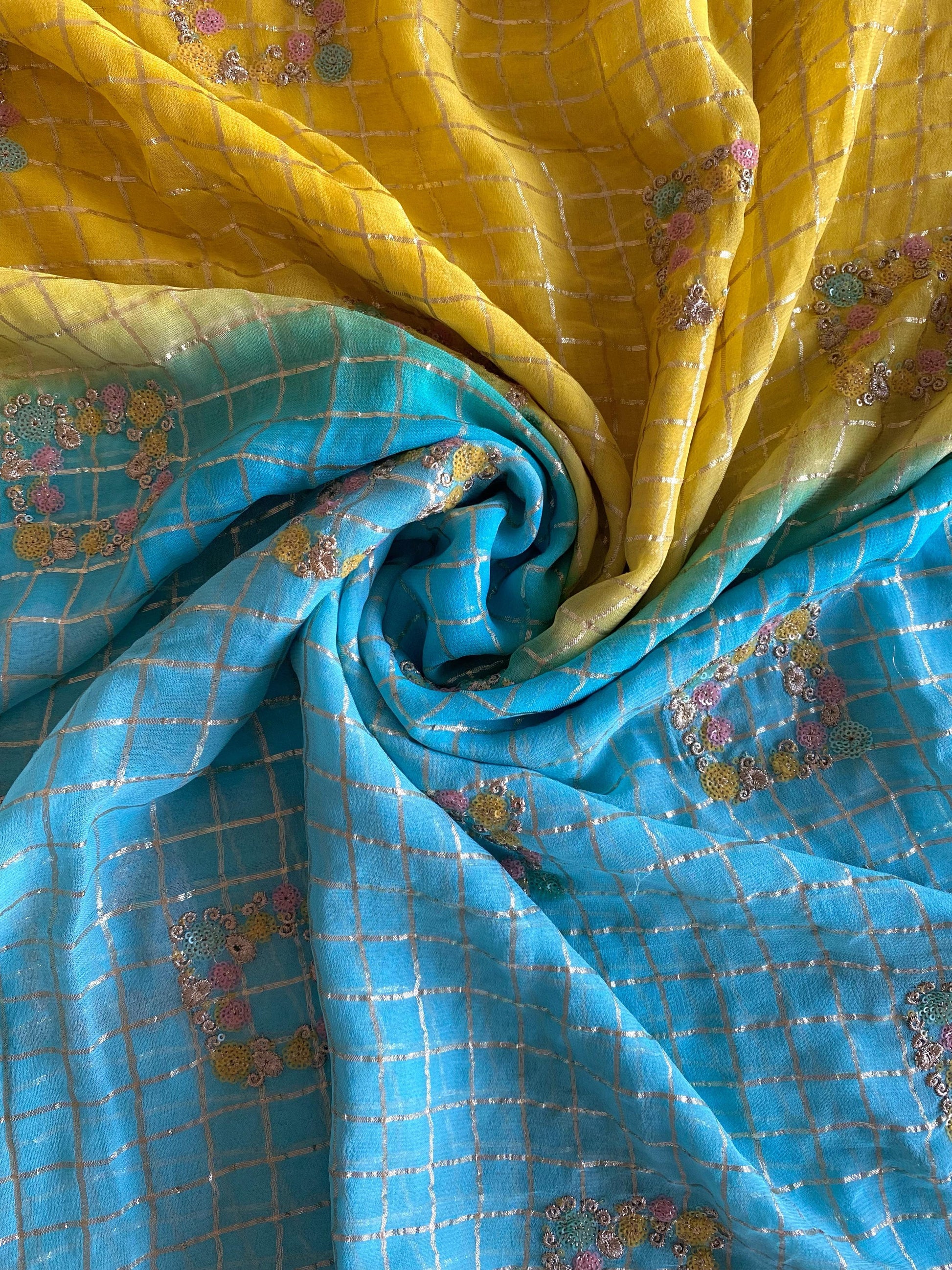 Glimmering Viscose Chiffon Sky Blue & Yellow Color Saree