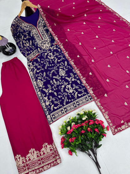 Good Looking Heavy Work Purple Color Palazzo Suit