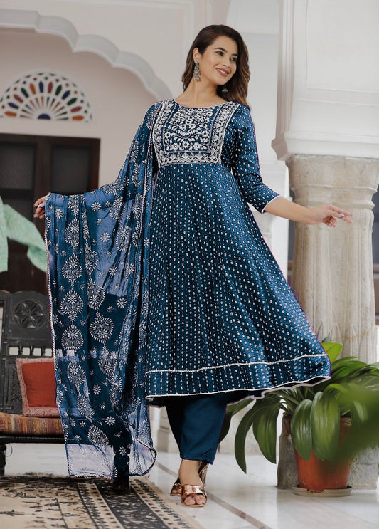 Charming Reyon With Foil Print Teal Blue Color Anarkali Suit
