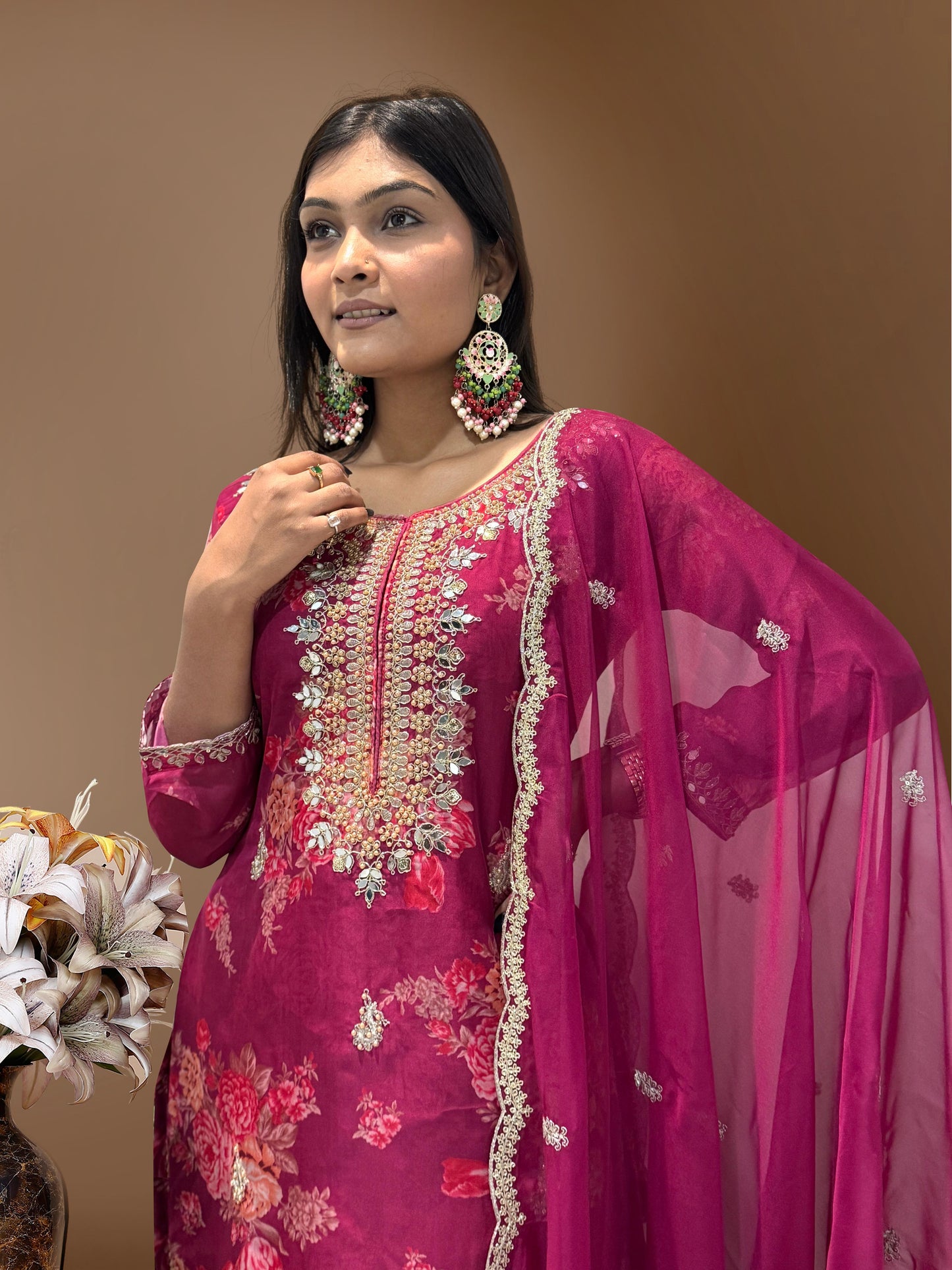 Flattering Sequence Heavy Stone Mirror Hand Work Wine Color Palazzo Suit