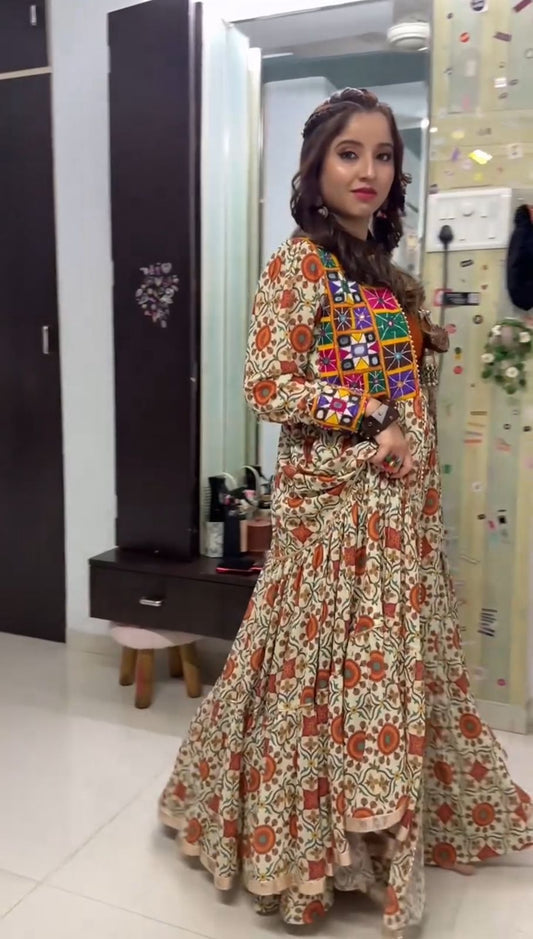 Navratri Festival Mirror Work Multi Color Lehenga Choli With Shrug