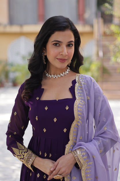 Classy Embroidery Sequence Work Purple Color Gown