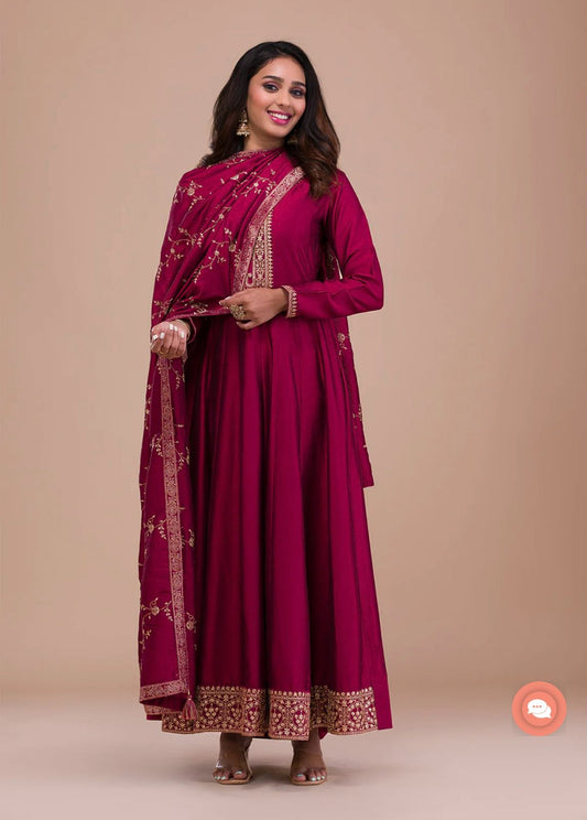 Fashionable Satin Silk Embrodery Work Pink Color Gown