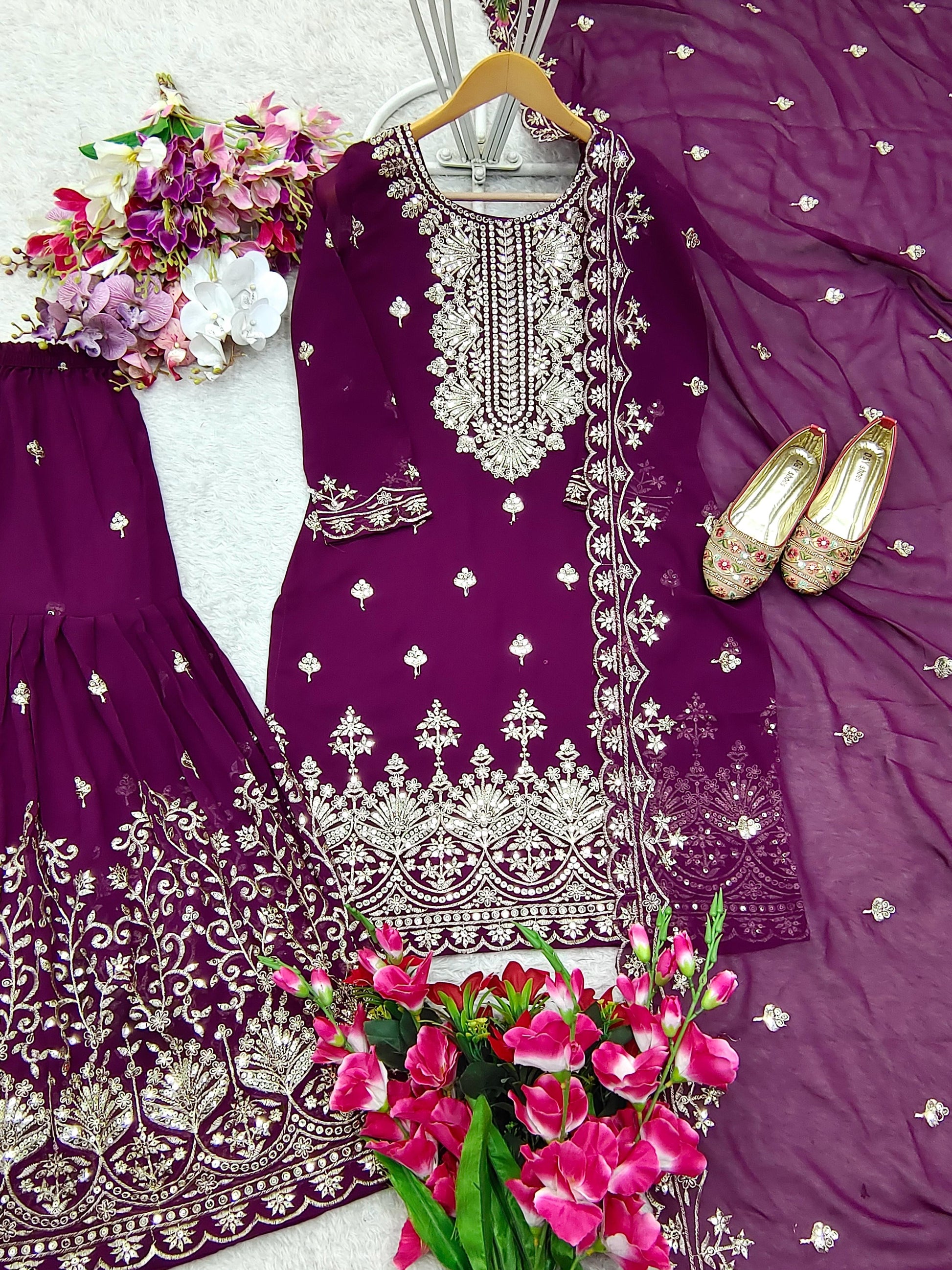 Fabulous Georgette Wine Color Sharara Suit