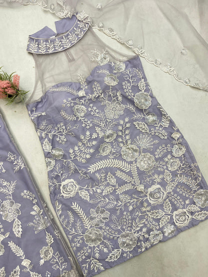Shining Embroidery Work Lavender Color Palazzo Suit