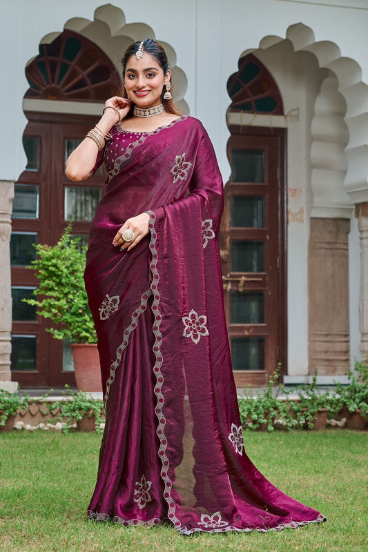 Wonderful Wine Fendi Silk Diamond Work Saree