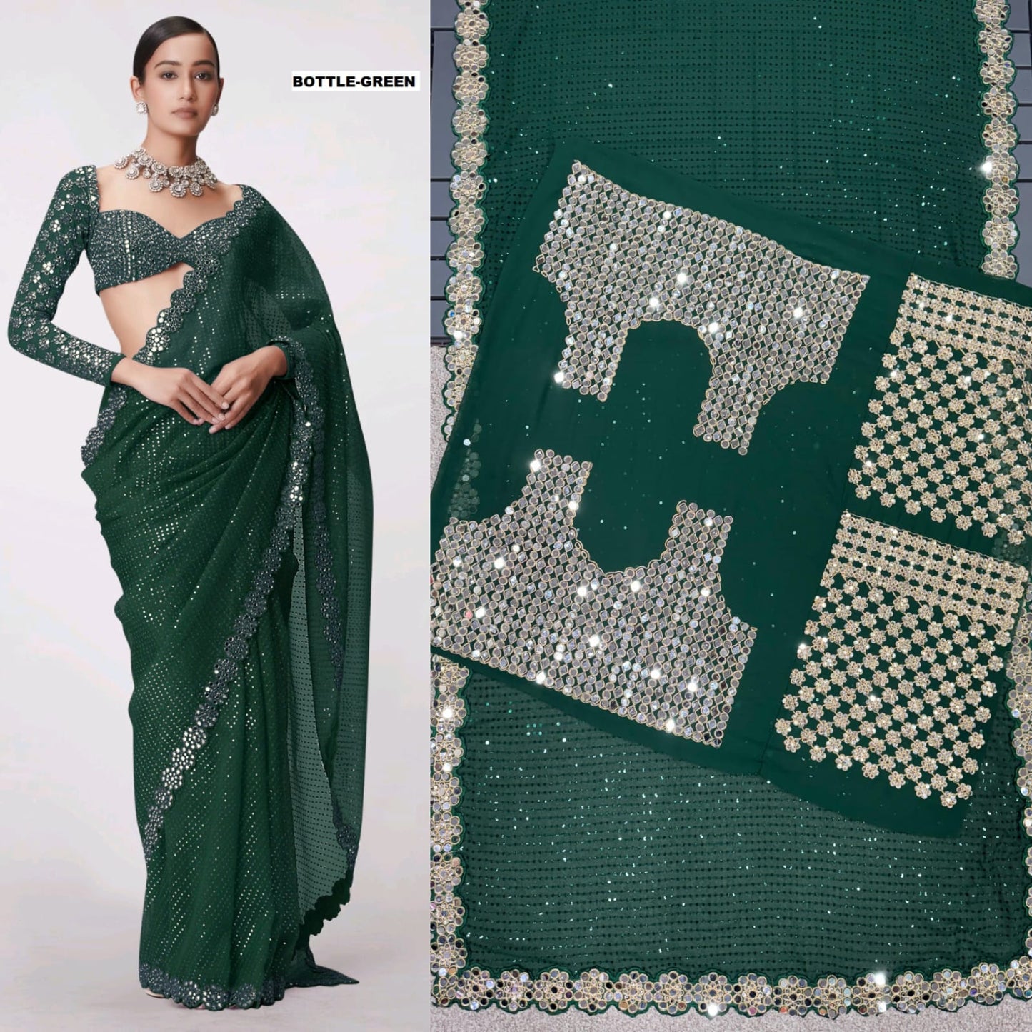 Stylish Georgette Original Mirror Green Color Saree