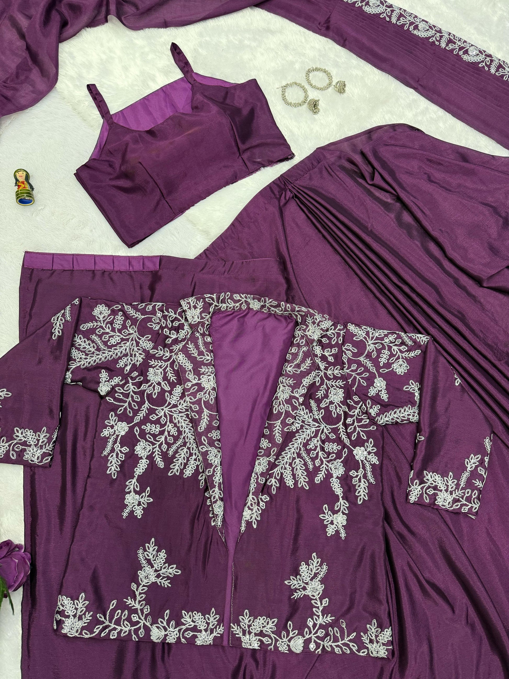 Designer Wine Color Embroidery Work Saree With Koti