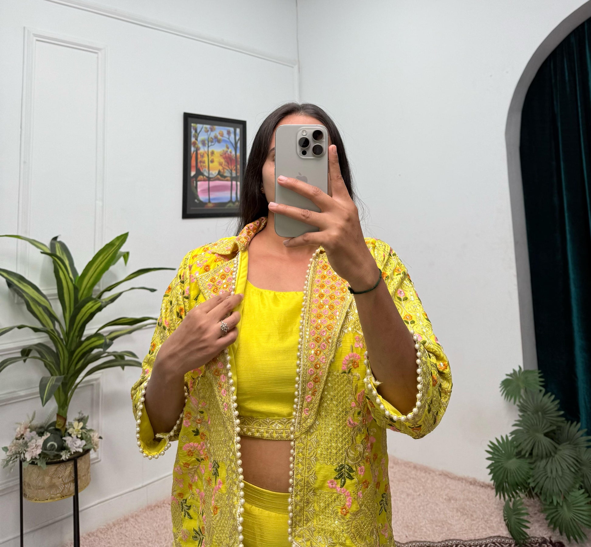 Flattering Chinon Lemon Color Palazzo Top With Koti