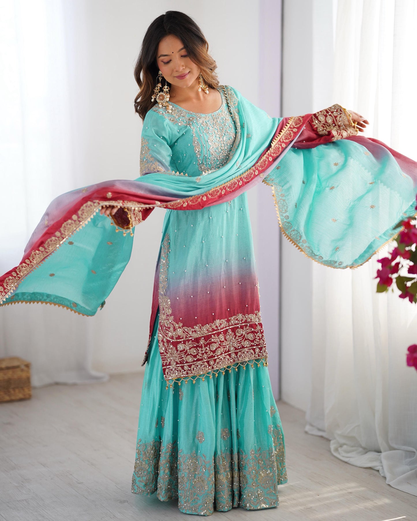 Good Looking Chinon Silk Rivet Moti Sky Blue Color Sharara Suit