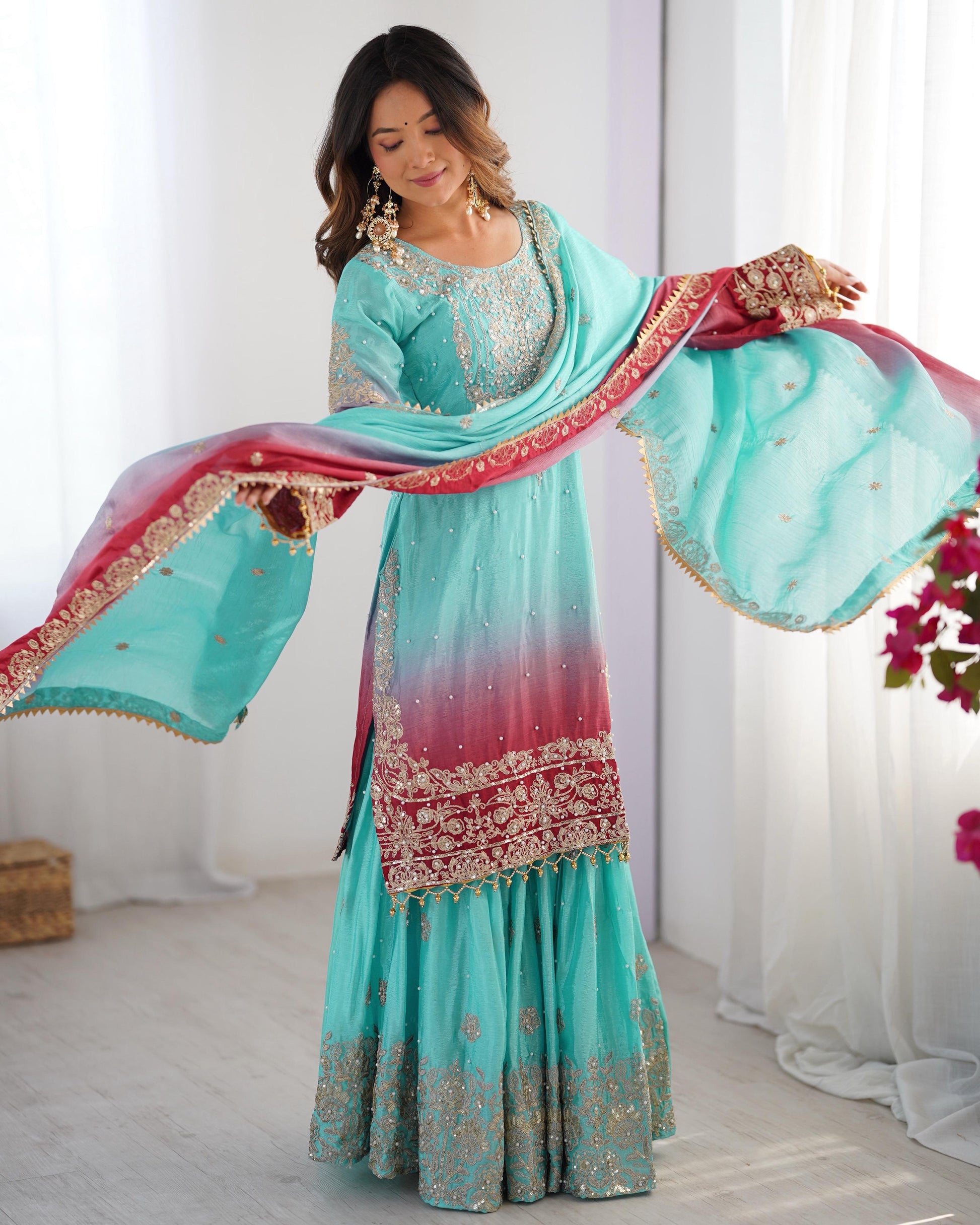 Good Looking Chinon Silk Rivet Moti Sky Blue Color Sharara Suit
